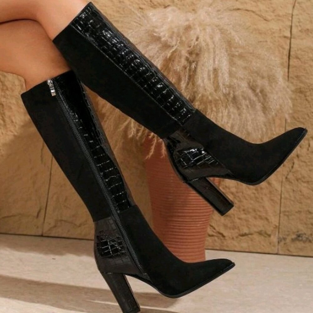 Faux Suede Alligator Color Block Black Knee High Block Heel Boots Size 43 US 10